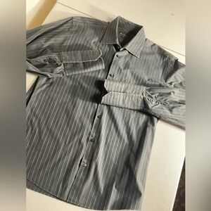 BEN SHERMAN French Cuff Dress Shirt Black Charcoal Stripe Mens  Size L 16 34/35